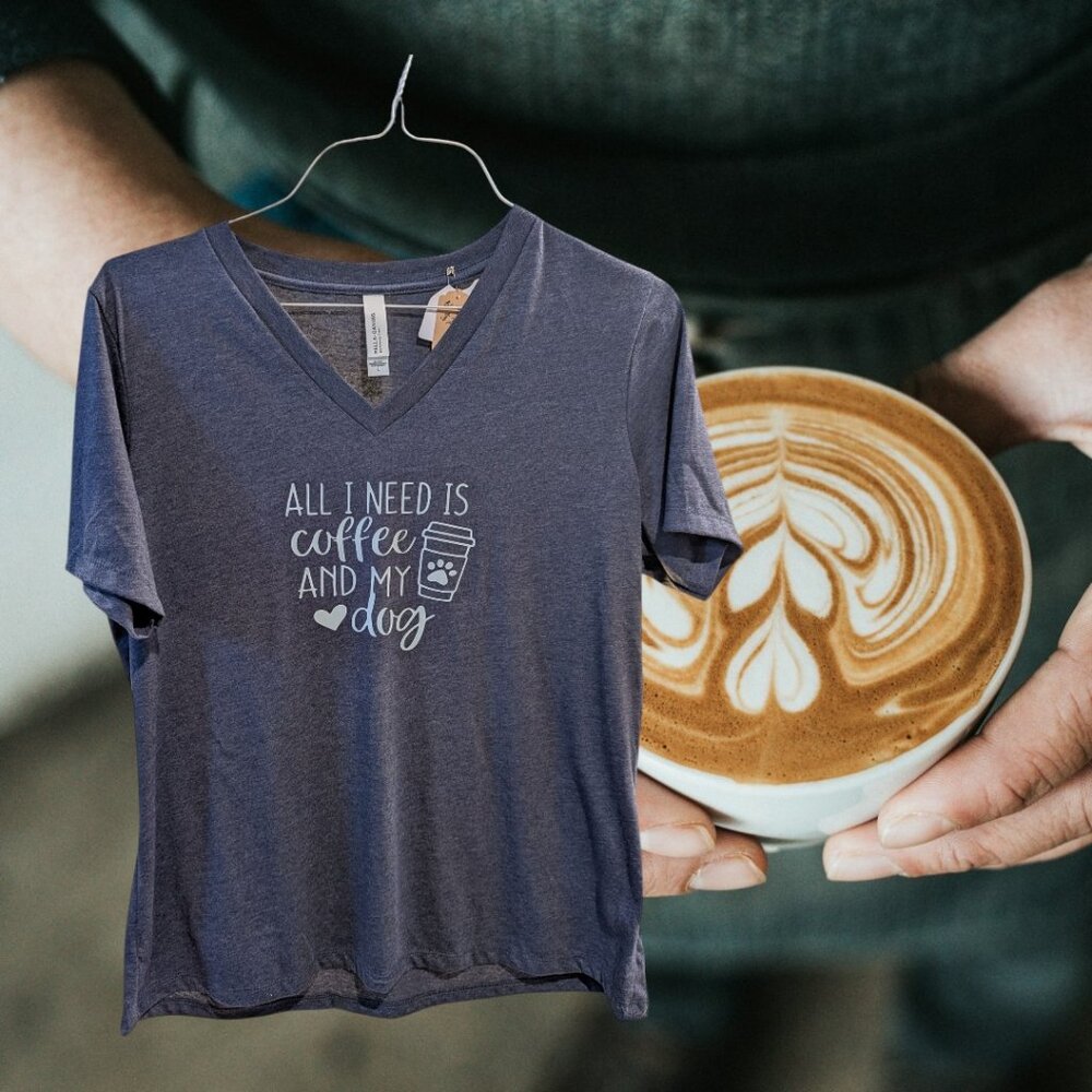Women’s V-Neck T-Shirt – All I Need is Coffee and My Dog – Grayish Blue – Size L